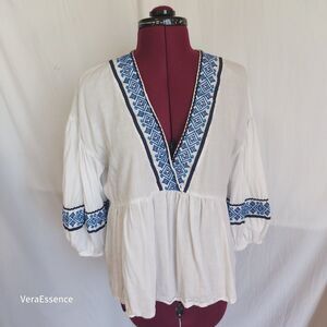 Zara Boho Embroidered Blouse Balloon Sleeve V Neck Bohemian Top size L
